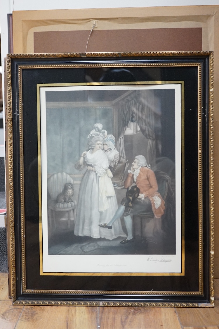 A set of six colour engravings after George Morland (1783-1804), to include the ‘Virtuous parent’ and ‘The Elopement’, together with a pair of colour prints depicting the Battle of Waterloo. Condition - varies